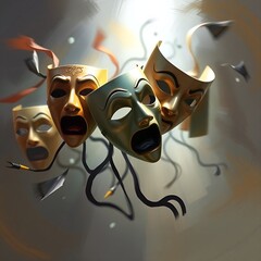 Dynamic illustration of drama masks representing tragedy and comedy