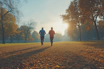 Fototapeta premium A senior couple jogs side by side on a leaf-covered path in a tranquil park at sunrise, embracing fitness and companionship