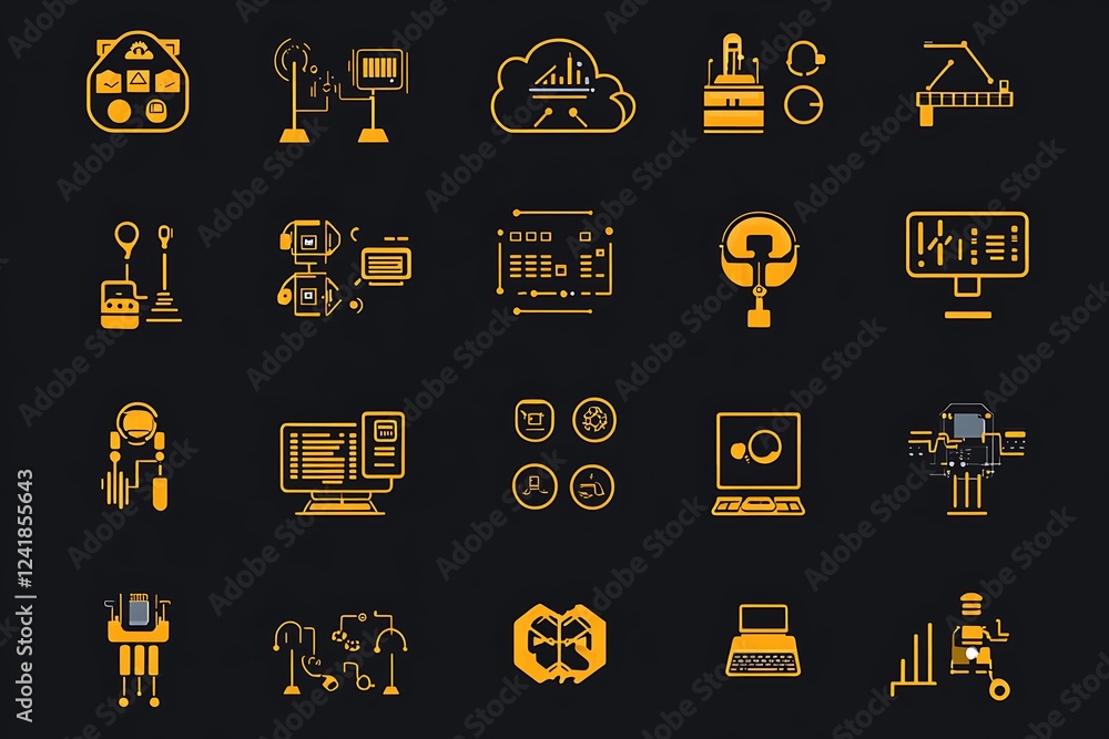 Poster set technology icons, including robotics, cloud computing, and automation