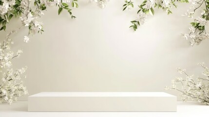 White rectangular podium adorned with white floral arrangement, green leafy cascading decor against light beige backdrop, presenting elegant minimalist product display setting