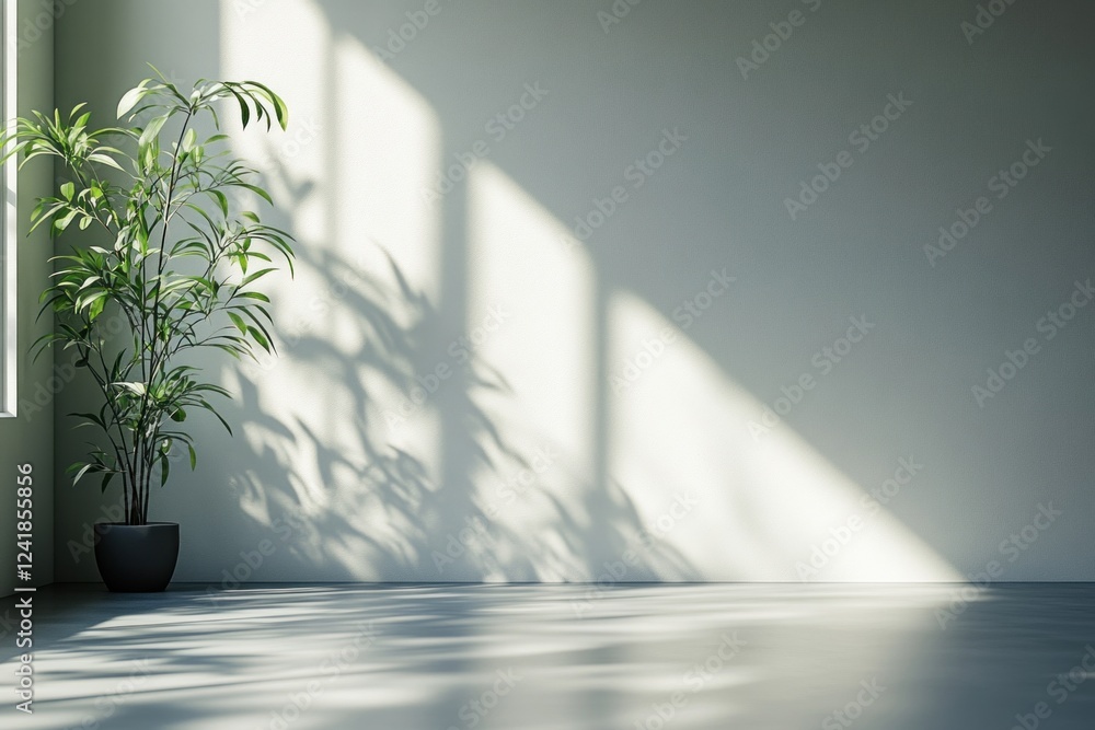 Poster soft blurred light filters through the windows, casting gentle shadows on a minimalist room adorned 