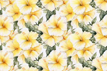Fototapeta premium Seamless watercolor hibiscus flowers yellow and white background pattern wallpaper