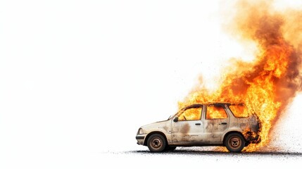 Obraz premium Burning white vehicle engulfed in intense orange flames, dark smoke rising against pristine white backdrop, highlighting destructive automotive incident