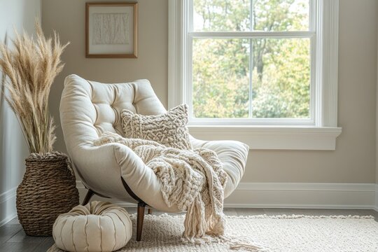 A contemporary reading corner features a beige lounge chair, fluffy pillows, and a soft throw blanket, providing comfort and warmth in natural light