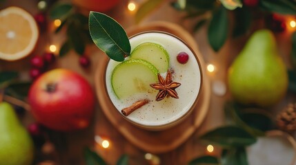   A drink is garnished with an apple, cinnamon, and star anise on a table surrounded by fruit