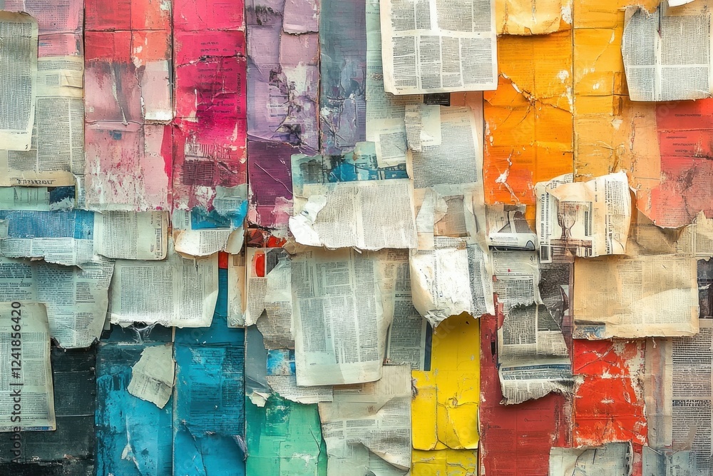 Poster layers of colorful torn newspaper clippings create a textured backdrop, showcasing an abstract compo