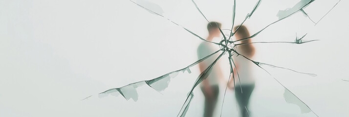 Reflection of a dimly lit couple through a cracked mirror for artistic design and mood, relationship concept