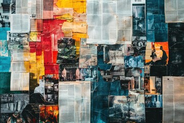 A vibrant collage of newspaper and magazine textures creates a dynamic and artistic backdrop for design projects