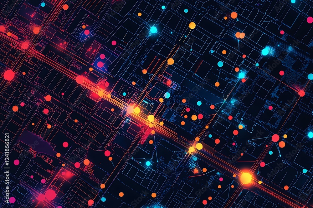 Poster smart city concept with abstract dot points connected by gradient lines, symbolizing urban technolog
