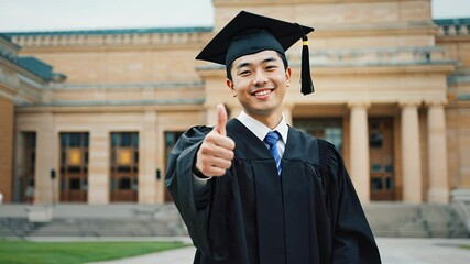 4k video of an Asian graduation student showing thumbs up.