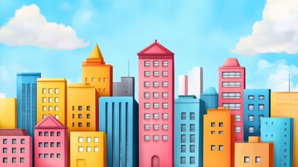 Fototapeta premium Colorful Cityscape Illustration with Bright Buildings and Clouds