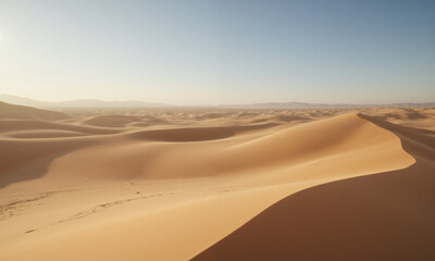 A minimalist aerial view of a vast, empty desert with smooth, undulating sand dunes. The sun casts long shadows, creating
