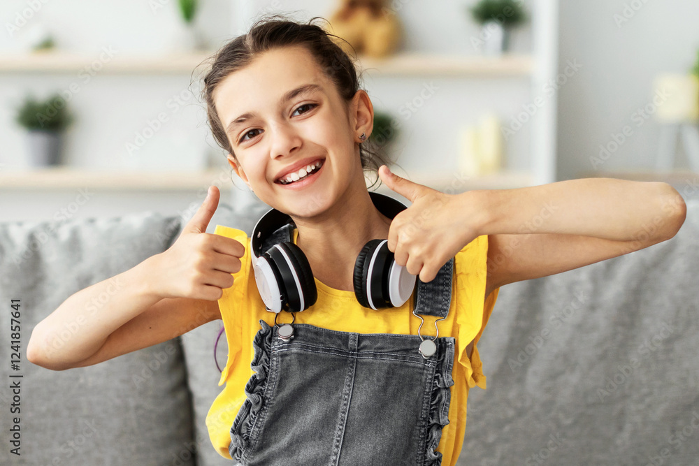 Poster smiling girl in headphones enjoying elearning sitting on sofa at table showing thumbs up recommendin