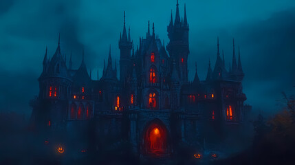 Fototapeta premium Haunted halloween castle with glowing pumpkins. Gothic Horror. Illustration