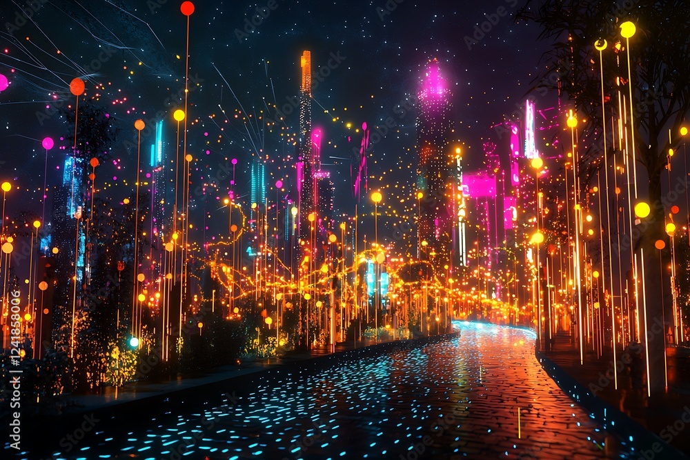 Aufkleber smart city with glowing particle connections, showcasing the future urban infrastructure powered by 
