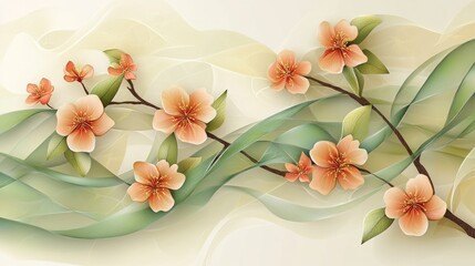 Peach blossoms flowing on sheer fabric, elegant floral wall art, serene background, ideal for home decor