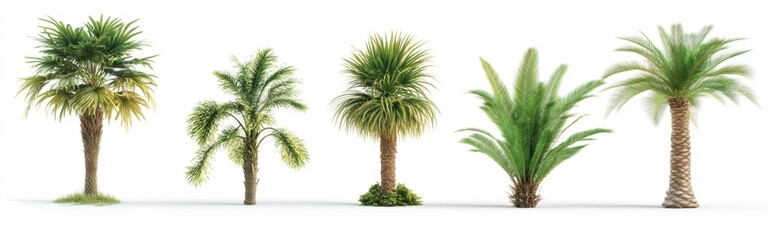Five tropical palm trees studio shot, white background, landscaping design