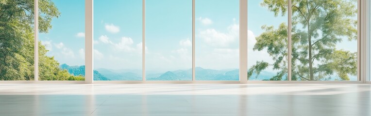 The pattern layout, Modern living space with panoramic view tranquil nature surroundings interior design bright ambiance minimalist aesthetic