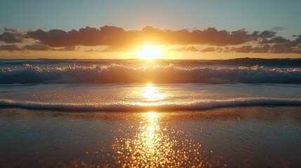 Fototapeta premium Golden Sunset Waves Crashing on Sandy Beach