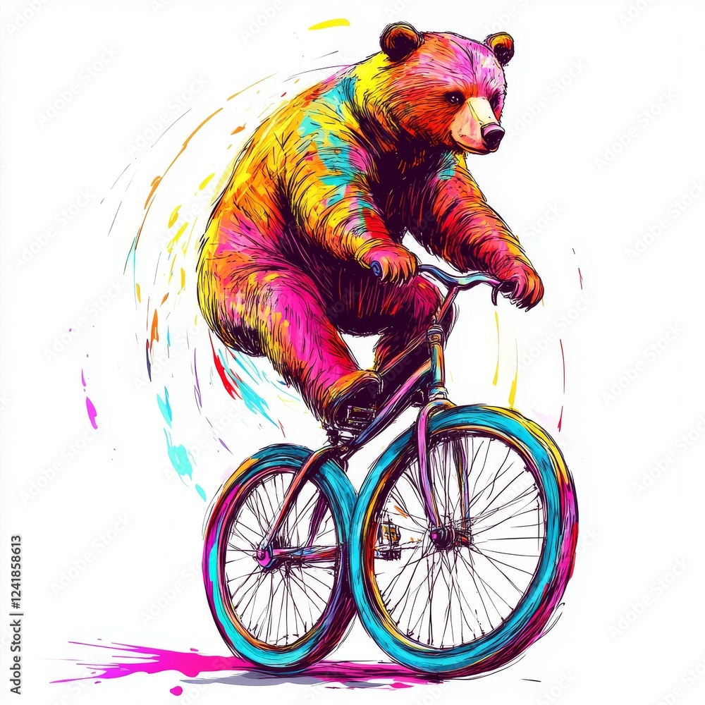 Wall mural A hand-drawn black and white cartoon of a circus bear on a unicycle, designed for T-shirt apparel print, with a scratchboard imitation and modern illustration style