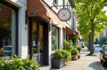 Advertising sign placed at the entrance to the grooming salon. Entrance group of the beauty salon for animals, business of grooming salons, veterinary clinics, care of domestic pets.