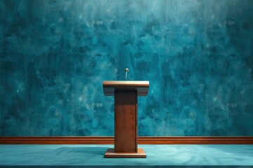 Wooden podium with microphone presenting opportunity for public speaking in empty conference room