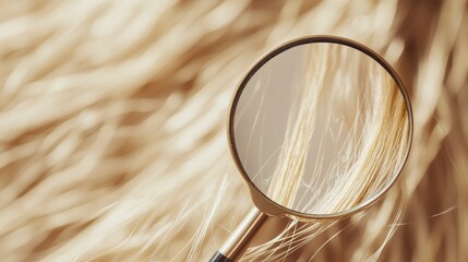 Magnifying glass highlights damage on a single strand of blonde hair under close examination in natural light. Generative AI