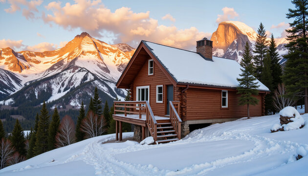 Charming mountain cabin at golden hour in snowy valley, winter serenity