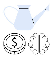 Watering can above brain and coin, symbolizing nurturing creativity, financial growth, mental development. Ideal for innovation, investment, self-growth, education, business strategy startup