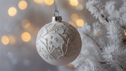 White Christmas Ornaments, Christmas tree with decorated baubles and ornaments in the snow, Close-up picture of white decorations on christmas tree background