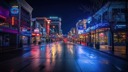 Fototapeta premium Empty city street at night, neon lights reflecting on wet pavement, urban background, travel photography