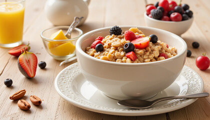 Delicious bowl of oatmeal with fresh fruits on breakfast table, healthy living