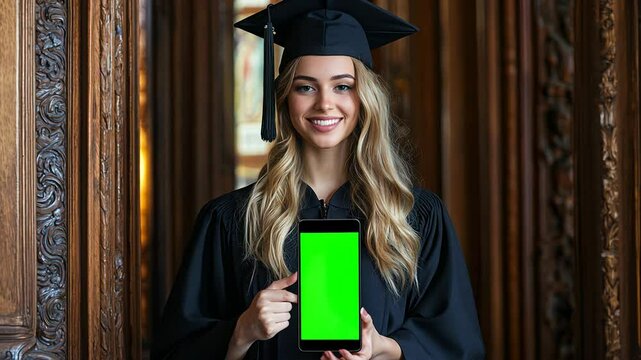 4k video of a graduation student holding a green screen phone.