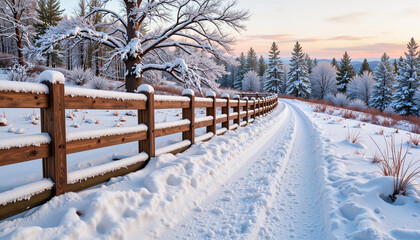 Snow-laden wooden fence along rural path at sunset, winter serenity