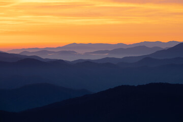 Spring sunrise view of mountains and mist, from Clingmans Dome area, Great Smoky Mountains National Park, North Carolina