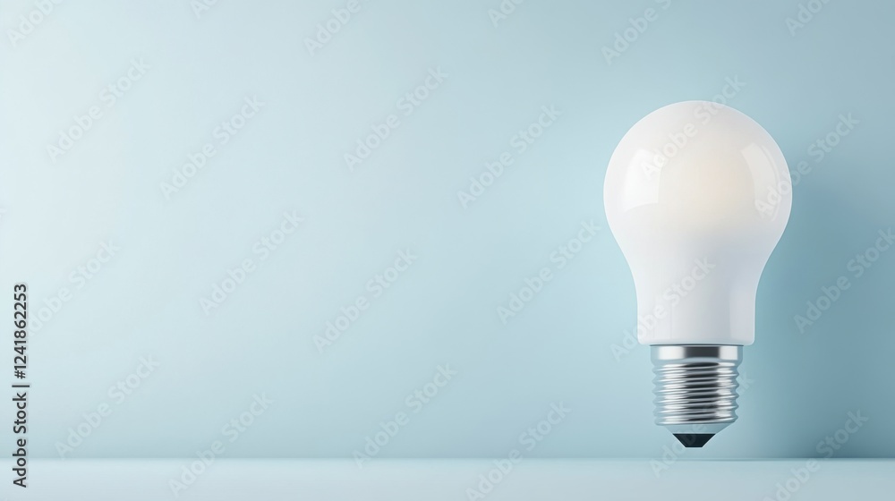Poster bright white light bulb illuminating soft blue background in minimalistic indoor setting for modern 