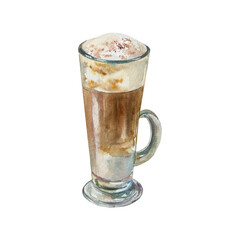 Latte coffee in a tall glass with handle. Hand drawn watercolor illustration isolated on white. For labels, menus, banners, postcards, cafe posters.