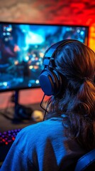 Obraz premium A young person with long hair intensely plays a video game, fully immersed in the vibrant on-screen action