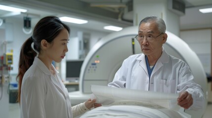 Obraz premium Female Asian scientist and male surgeon discussing MRI scan in lab, focused on brain rehab