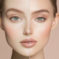 Face showcasing natural beauty on one side and a glam makeup look on the other for striking contrast. Generative AI