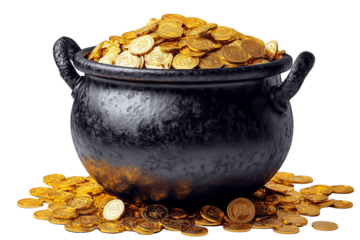 A black pot overflowing with gold coins, a classic symbol of luck, wealth, and prosperity.