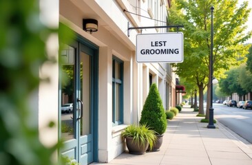 Advertising sign placed at the entrance to the grooming salon. Entrance group of the beauty salon for animals, business of grooming salons, veterinary clinics, care of domestic pets.