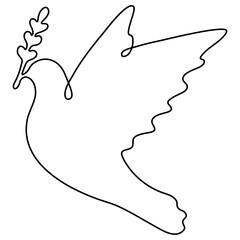 Dove continuous one line drawing. Flying bird with branch. Freedom concept. Symbol of peace. Vector illustration isolated on white.