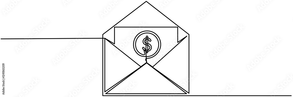 Poster open envelope with coin inside continuous line drawing. received email message linear symbol. salary