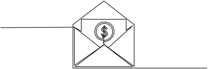 Open envelope with coin inside continuous line drawing. Received email message linear symbol. Salary concept. Tax sign. Vector illustration isolated on white.