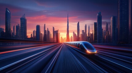 Fototapeta premium Modern Train Gliding Through a Futuristic Cityscape at Sunset with Skyscrapers and Vibrant Colors