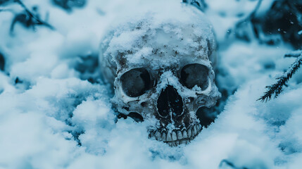 Frozen skull in winter snow setting. ideal for gothic winter or dark nature concepts. Gothic Horror. Illustration