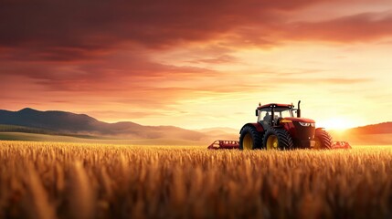 Fototapeta premium Majestic Sunset Over Fields with Tractor Preparing Land in Rural Landscape