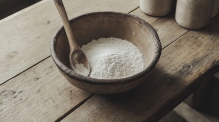 Wooden bowl of flour, wooden spoon, rustic table, baking preparation