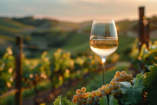 Glass of wine sitting on a table in a vineyard, drink background, copy space